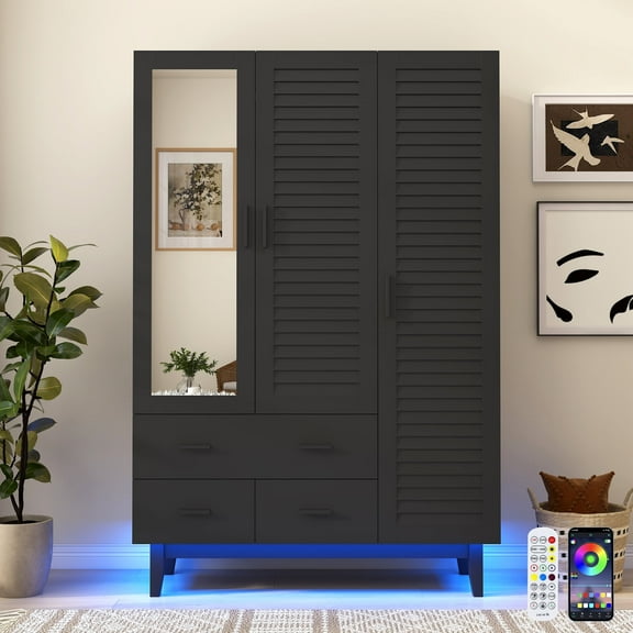 ChVans 71" Tall Armoire Wardrobe with Mirror & LED Lights , 3 Door Wood Wardrobe Armoire with 3 Drawers & Multi-Layer Shelves and Hanging Rod, Large Capacity Louver Storage Cabinet, Black