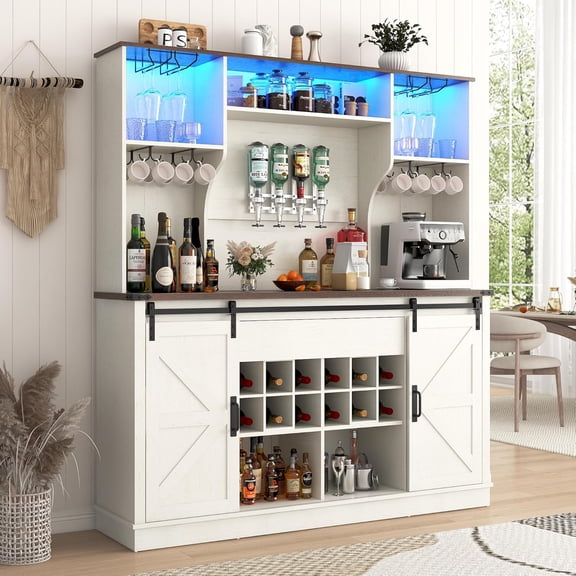 ChVans 71'' Farmhosue LED Bar Cabinet with Power Outlet&Sliding Barn Door, Large Rustic Coffee Bar Cabinet with Liquor Dispenser, Drawer, Wine Rack, Hook, Glass Holder, Coffee Bar Hutch for Kitchen