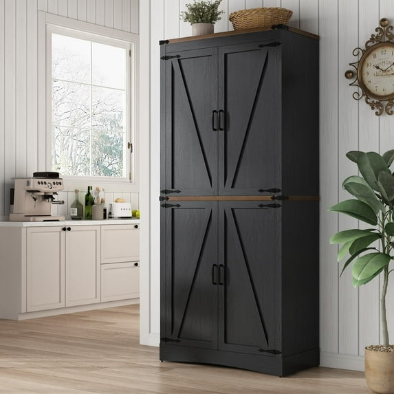 ChVans 71" Tall Farmhouse Kitchen Pantry Storage Cabinet, 5 Layers Freestanding Cupboard with Adjustable Shelves & Load-Bearing Steel Pipe & 4 Barn Doors for Kitchen, Dining Room, Living Room, Black