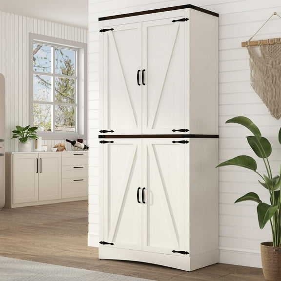ChVans 71" Tall Farmhouse Kitchen Pantry Storage Cabinet, 5 Layers Freestanding Cupboard with Adjustable Shelves & Load-Bearing Steel Pipe & 4 Barn Doors for Kitchen, Dining Room, Living Room, White