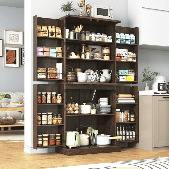 ChVans 71" Tall Kitchen Pantry with 12 Side Shelves & 4 Barn Doors Farmhouse Pantry Storage Cabinet with Load-Bearing Steel Pipe & Adjustable Shelves for Kitchen, Dining Room, Living Room, Brown