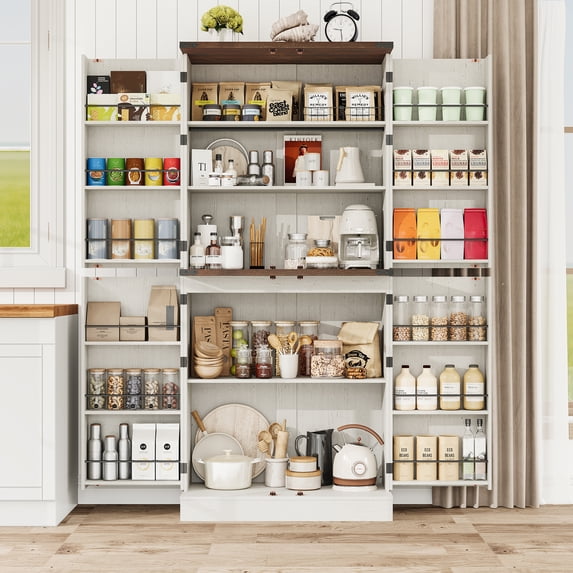 ChVans 71" Tall Kitchen Pantry with 12 Door Shelves and 4 Barn Doors, Farmhouse Pantry Storage Cabinet with Load-Bearing Steel Pipe and Adjustable Shelves for Kitchen, Dining Room, Living Room, White