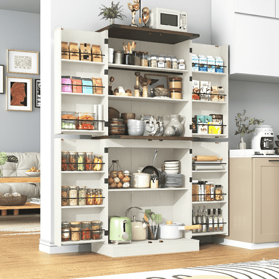 ChVans 71" Tall Kitchen Pantry with 12 Side Shelves & 4 Barn Doors Farmhouse Pantry Storage Cabinet with Load-Bearing Steel Pipe & Adjustable Shelves for Kitchen, Dining Room, Living Room, White