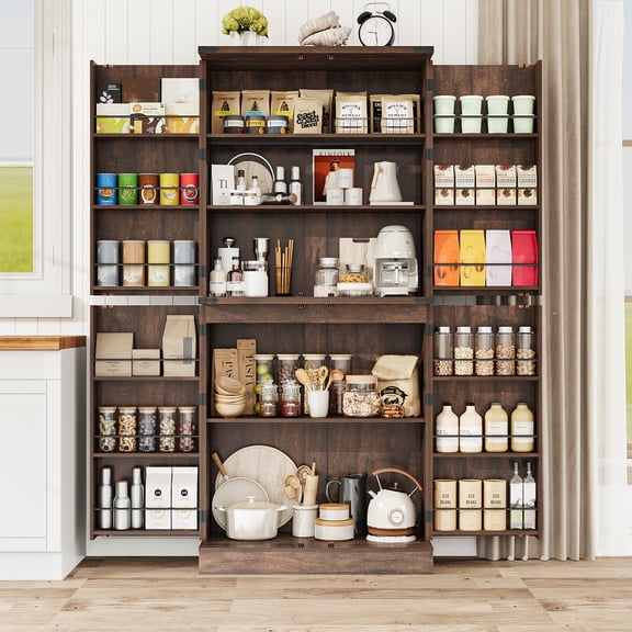 ChVans 71" Tall Kitchen Pantry with 12 Door Shelves and 4 Barn Doors, Farmhouse Pantry Storage Cabinet with Load-Bearing Steel Pipe and Adjustable Shelves for Kitchen, Dining Room, Living Room, Brown