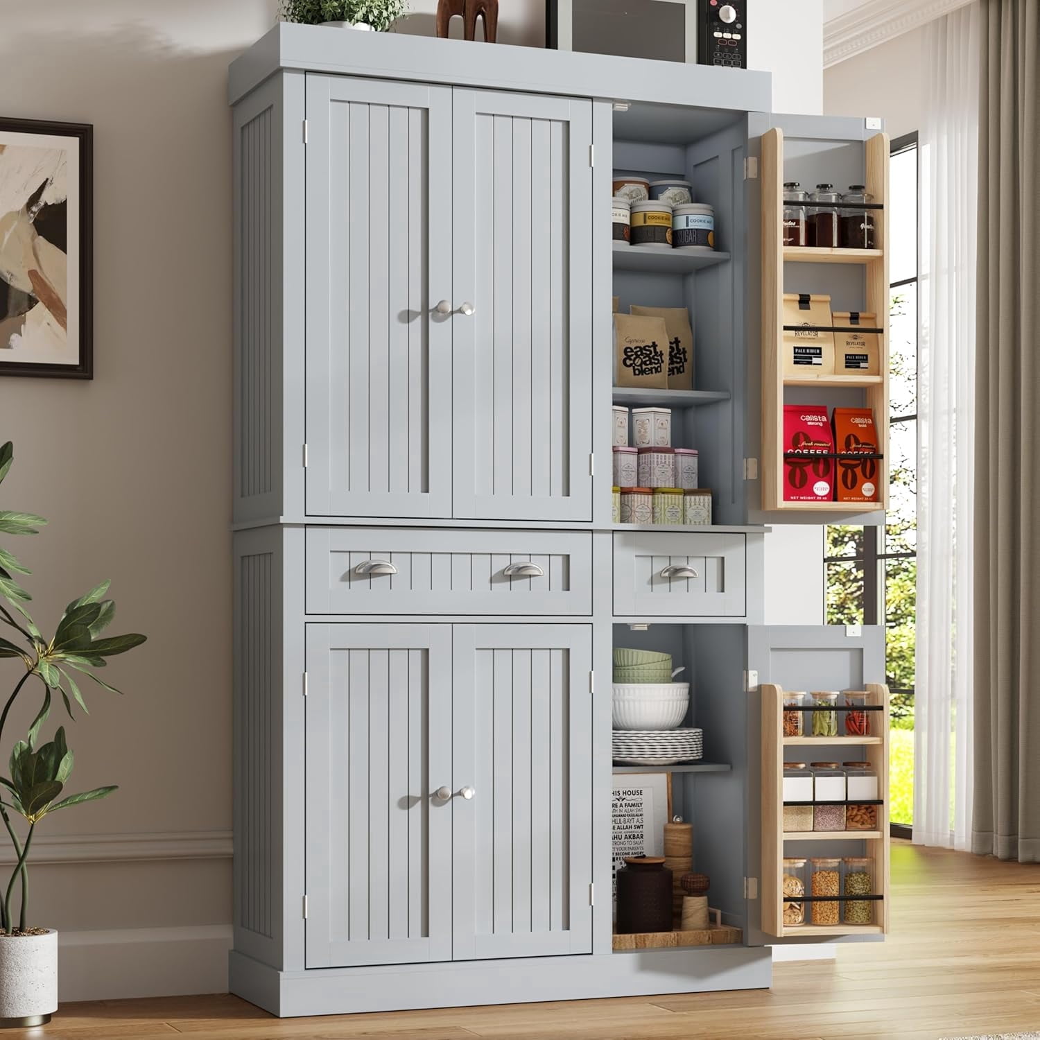 ChVans 71" Tall Kitchen Pantry with 6 Doors, Storage Cabinet with 2 Large Drawer 6 Hanging Shelves, Freestanding Cupboard for Dining Room Living Room