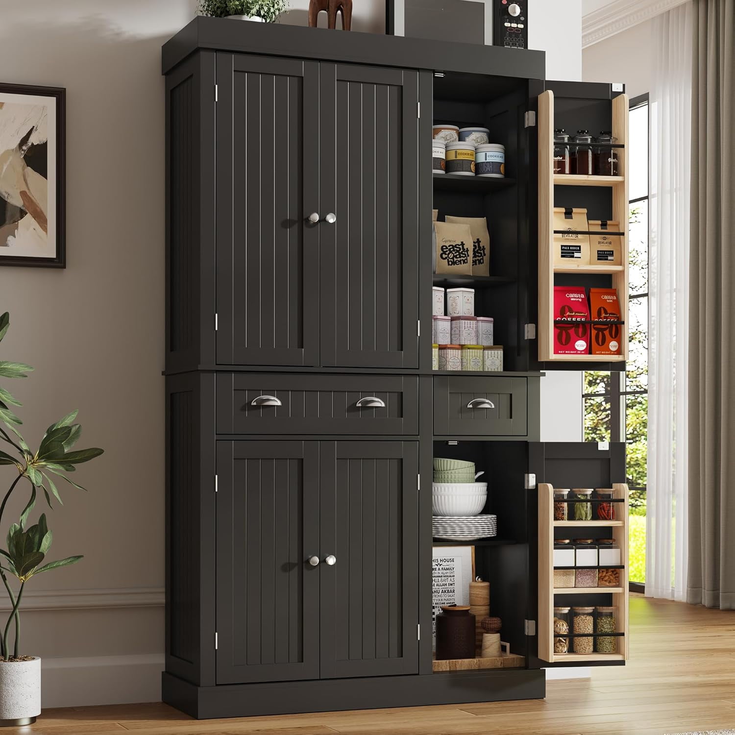 ChVans 71" Tall Kitchen Pantry with 6 Doors, Storage Cabinet with 2 Large Drawer 6 Hanging Shelves, Freestanding Cupboard for Dining Room Living Room