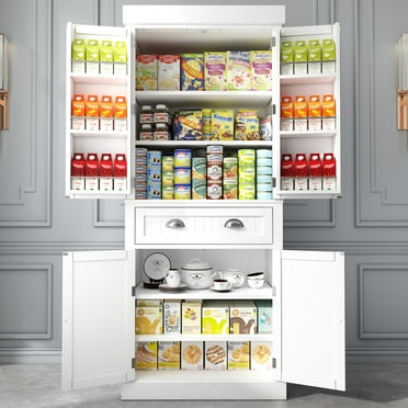 ChVans 72" Tall Kitchen Pantry with 4 Doors, Storage Cabinet with 1 Large Drawer 6 Hanging Shelves, Freestanding Cupboard for Dining Room Living Room