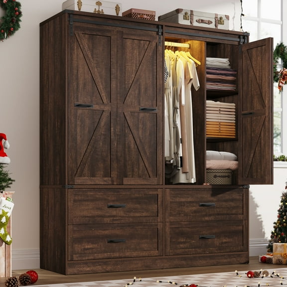 ChVans 73''H Armoire Wardrobe Closet with Sensor Light and 4 Drawers, Farmhouse Bedroom Armoire Cabinet with Hanging Rod, Wooden Wardrobe Cabinet with folding sliding barn door for Bedroom