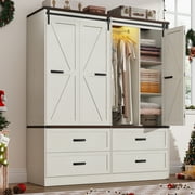 ChVans 73''H Armoire Wardrobe Closet with Sensor Light and 4 Drawers, Farmhouse Bedroom Armoire Cabinet with Hanging Rod, Wooden Wardrobe Cabinet with folding s