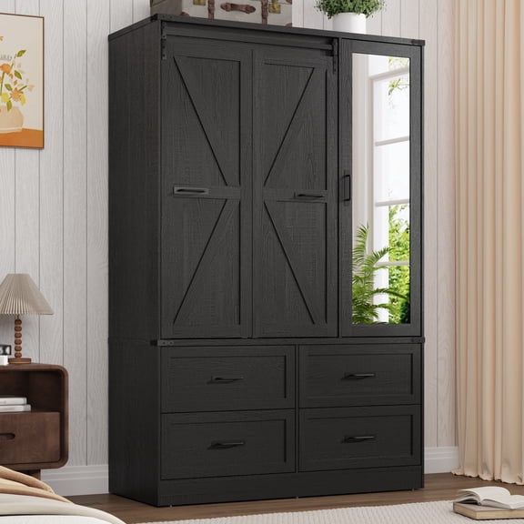 ChVans 73''H Armoire Wardrobe with Full Mirror & Sensor Light & 4 Drawers, Farmhouse Bedroom Armoire Cabinet with Hanging Rod, Wooden Wardrobe Cabinet with Folding Sliding Barn Door for Bedroom