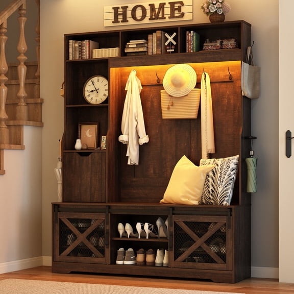 ChVans 75''H LED Farmhouse Hall Tree w/ Bench & Shoe Storage, 59"W Large Hall Tree Entryway Bench w/ Coat Rack, 16 Shoe Cabinet, Umbrella Holder&Sock Storage Drawer, Mudroom, Hallway