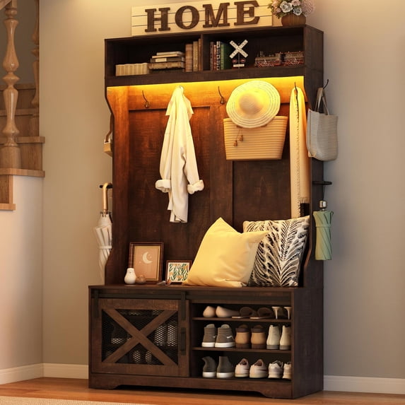 ChVans 75''H LED Farmhouse Hall Tree w/ Bench & Shoe Storage, Brown Hall Tree Entryway Bench w/ Coat Rack, 12 Shoe Cabinet, Umbrella Holder&Sock Storage Drawer, Mudroom, Hallway