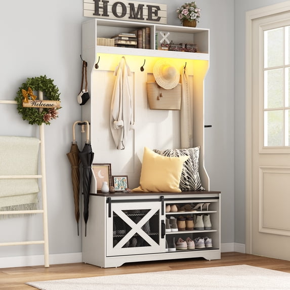 ChVans 75''H LED Farmhouse Hall Tree with Bench and Shoe Storage, Hall Tree with Storage Bench,12 Shoe Cabinet,Umbrella Holder&Sock Storage Drawer,Mudroom,Hallway,Entryway Furniture