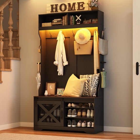 ChVans 75''H LED Farmhouse Hall Tree with Bench and Shoe Storage, Black Hall Tree with Storage Bench,12 Shoe Cabinet,Umbrella Holder&Sock Storage Drawer,Mudroom,Hallway,Entryway Furniture