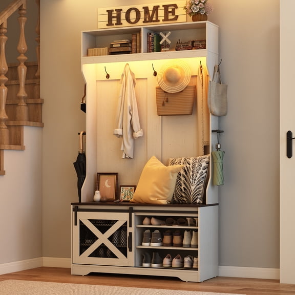 ChVans 75''H LED Farmhouse Hall Tree with Bench and Shoe Storage, White Hall Tree with Storage Bench,12 Shoe Cabinet,Umbrella Holder&Sock Storage Drawer,Mudroom,Hallway,Entryway Furniture