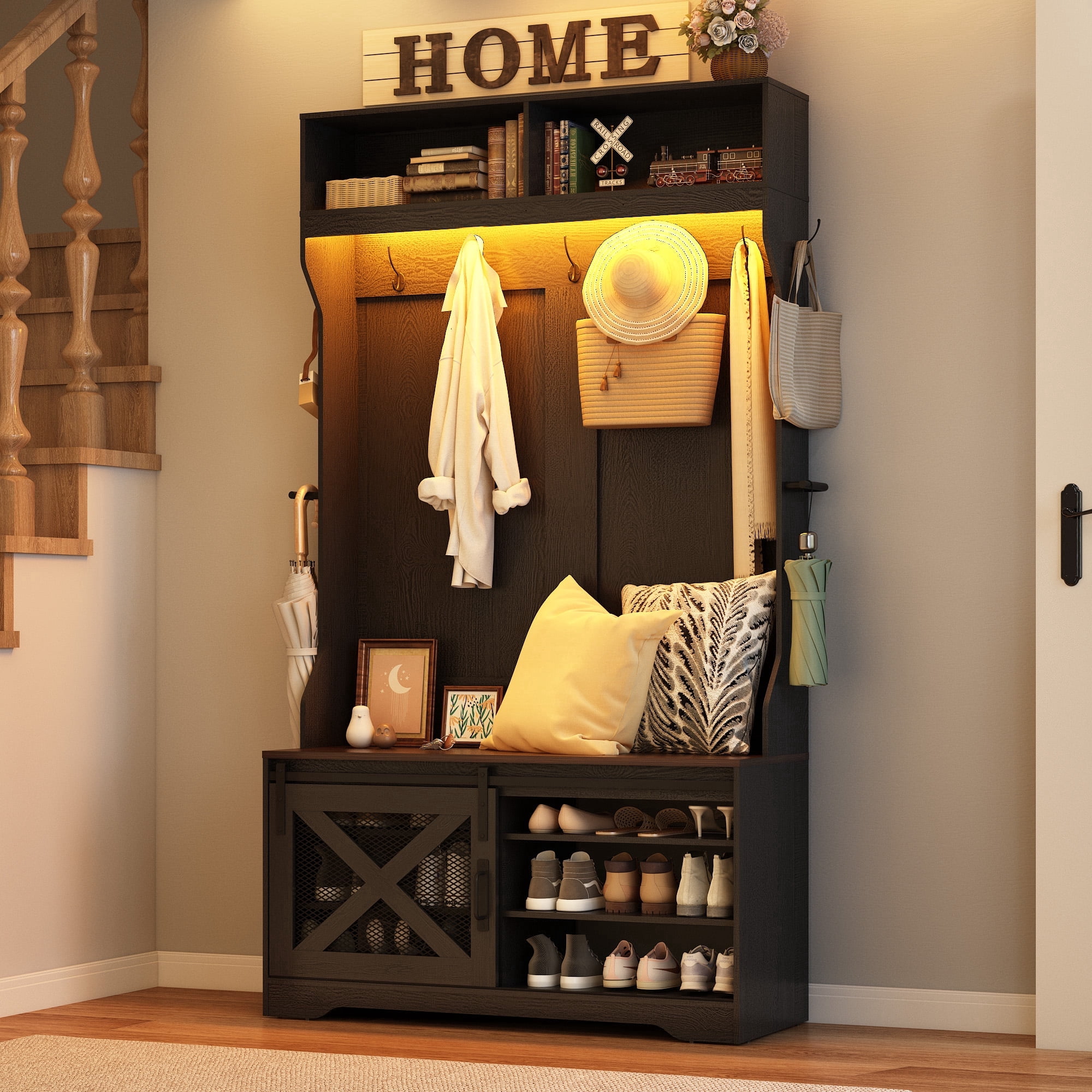 ChVans 75''H LED Farmhouse Hall Tree with Bench and Shoe Storage, Black Hall Tree with Storage Bench,12 Shoe Cabinet,Umbrella Holder&Sock Storage Drawer,Mudroom,Hallway,Entryway Furniture