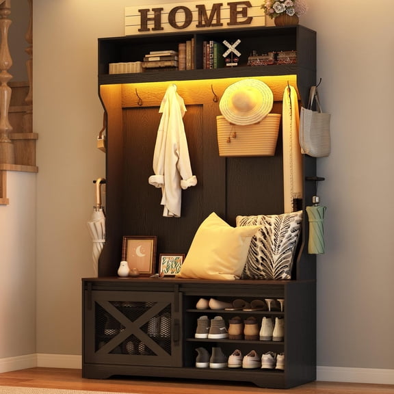 ChVans 75''H LED Farmhouse Hall Tree w/ Bench & Shoe Storage, Black Hall Tree Entryway Bench w/ Coat Rack, 12 Shoe Cabinet, Umbrella Holder&Sock Storage Drawer, Mudroom, Hallway