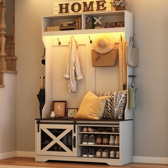 ChVans 75''H LED Farmhouse Hall Tree w/ Bench & Shoe Storage, White Hall Tree Entryway Bench w/ Coat Rack, 12 Shoe Cabinet, Umbrella Holder&Sock Storage Drawer, Mudroom, Hallway
