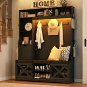 ChVans 75''H LED Farmhouse Hall Tree w/ Bench & Shoe Storage, 59"W Large Hall Tree Entryway Bench w/ Coat Rack, 16 Shoe