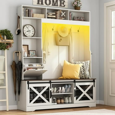 ChVans 75''H LED Farmhouse Hall Tree with 2 Sliding Barn Doors, White Hall Tree with Storage Bench, Drawer, Coat Hanger, 16 Shoe Cabinet & Umbrella Holder, Hallway Entryway Bench, Rustic