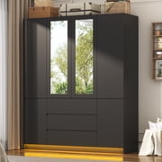 ChVans 75" Tall 4 Doors Armoire Wardrobe Closet with 3 Drawers and Mirror, Large Wardrobe Closet for Bedroom with LED Lights, Wooden Armoire Storage Cabinet wit