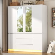 ChVans 75" Tall 4 Doors Armoire Wardrobe Closet with 3 Drawers and Mirror, Large Wardrobe Closet for Bedroom with LED Lights, Wooden Armoire Storage Cabinet wit