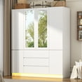 thumbnail image 1 of ChVans 75" Tall 4 Doors Armoire Wardrobe Closet with 3 Drawers and Mirror, Large Wardrobe Closet for Bedroom with LED Lights, Wooden Armoire Storage Cabinet with Hanging Rod, White, 1 of 8