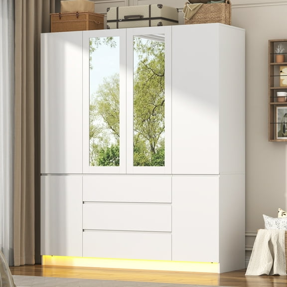 ChVans 75" Tall 4 Doors Armoire Wardrobe Closet with 3 Drawers and Mirror, Large Wardrobe Closet for Bedroom with LED Lights, Wooden Armoire Storage Cabinet with Hanging Rod, White