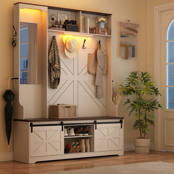 ChVans 75" Hall Tree with Mirror, LED Farmhouse Hall Tree with Bench and Shoe Storage, Hallway Tree w/ Sliding Barn Door, Umbrella Holder, Coat Rack for Entrance Entryway Mudroom, White
