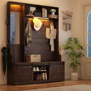 ChVans 75" Hall Tree with Mirror, LED Farmhouse Hall Tree with Bench and Shoe Storage, Hallway Tree w/ Sliding Barn Door, Umbrella Holder, Coat Rack for Entranc