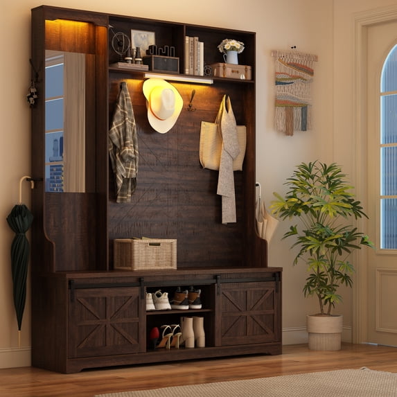 ChVans 75" Hall Tree with Mirror & LED, Farmhouse Entryway Bench with Shoe Storage, Coat Rack, Sliding Barn Door, Umbrella Holder & Top Storage Cabinet, 59"W, Brown