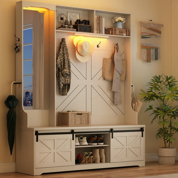 ChVans 79" Hall Tree with Mirror, LED Farmhouse Hall Tree with Bench and Shoe Storage, Hallway Tree with Sliding Barn Door, 12 Hooks, Umbrella Holder, Coat Rack for Entrance Entryway Mudroom, White