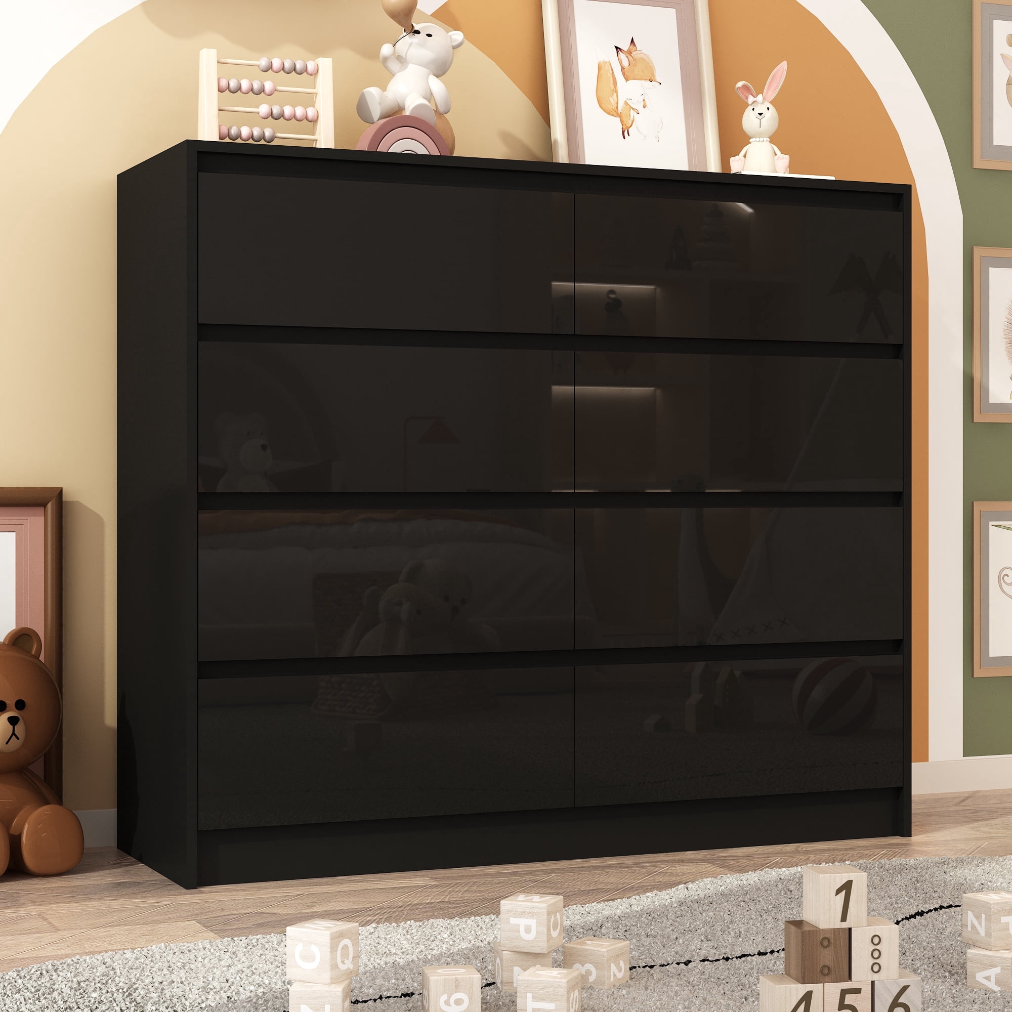 ChVans 8 Drawer Double Dresser for Bedroom, 47" Wide 41" Tall Modern High  Gloss Black Dresser with Wood Chest of 8 Drawer Handle Free for Bedroom, ...