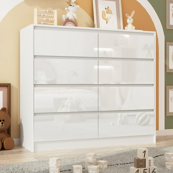 ChVans 8 Drawer White Dresser for Bedroom, Modern High Gloss 8 Drawers Double Dressers, Wood Chest of Drawer Handle Free,Long Dresser for Bedroom,Living Room,Entryway,Hallway