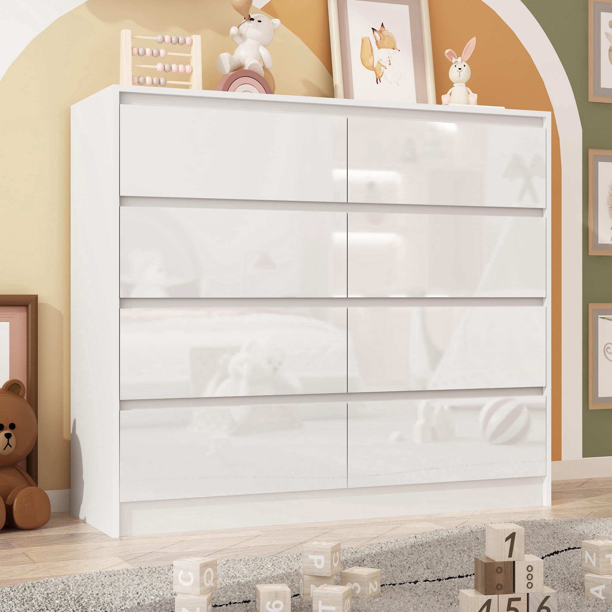 ChVans 8 Drawer Double Dresser for Bedroom, 47" Wide 41" Tall Modern High Gloss White Dresser with Wood Chest of 8 Drawer Handle Free for Bedroom, Living Room, Entryway, Hallway