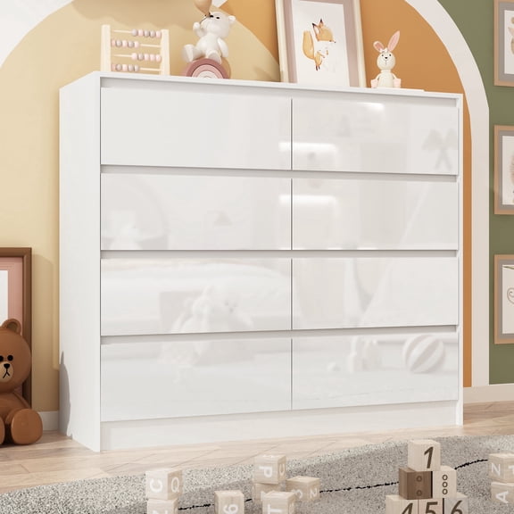 ChVans 8 Drawer Double Dresser for Bedroom, 47" Wide 41" Tall Modern High Gloss White Dresser with Wood Chest of 8 Drawer Handle Free for Bedroom, Living Room, Entryway, Hallway