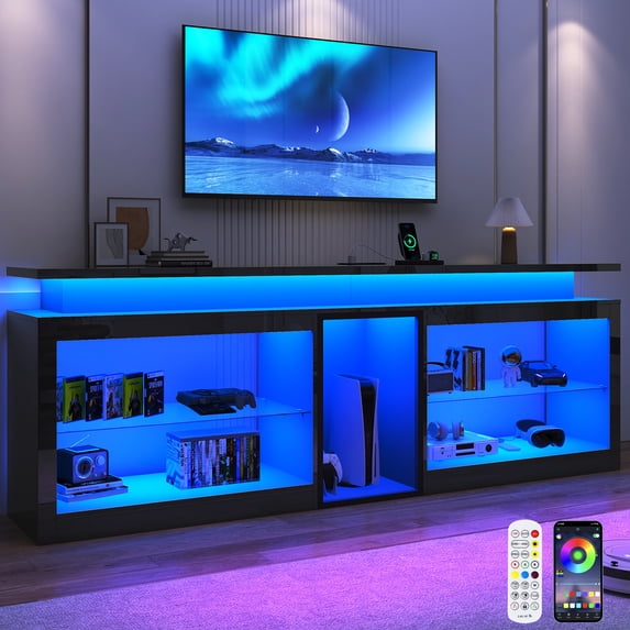 ChVans 80.7" Modern LED TV Stand for TVs up to 90" with LED Lights & Outlet, High Gloss Entertainment Center with Open Shelves Storage, Media Console TV Stands for Living Room, Game room, Bedroom
