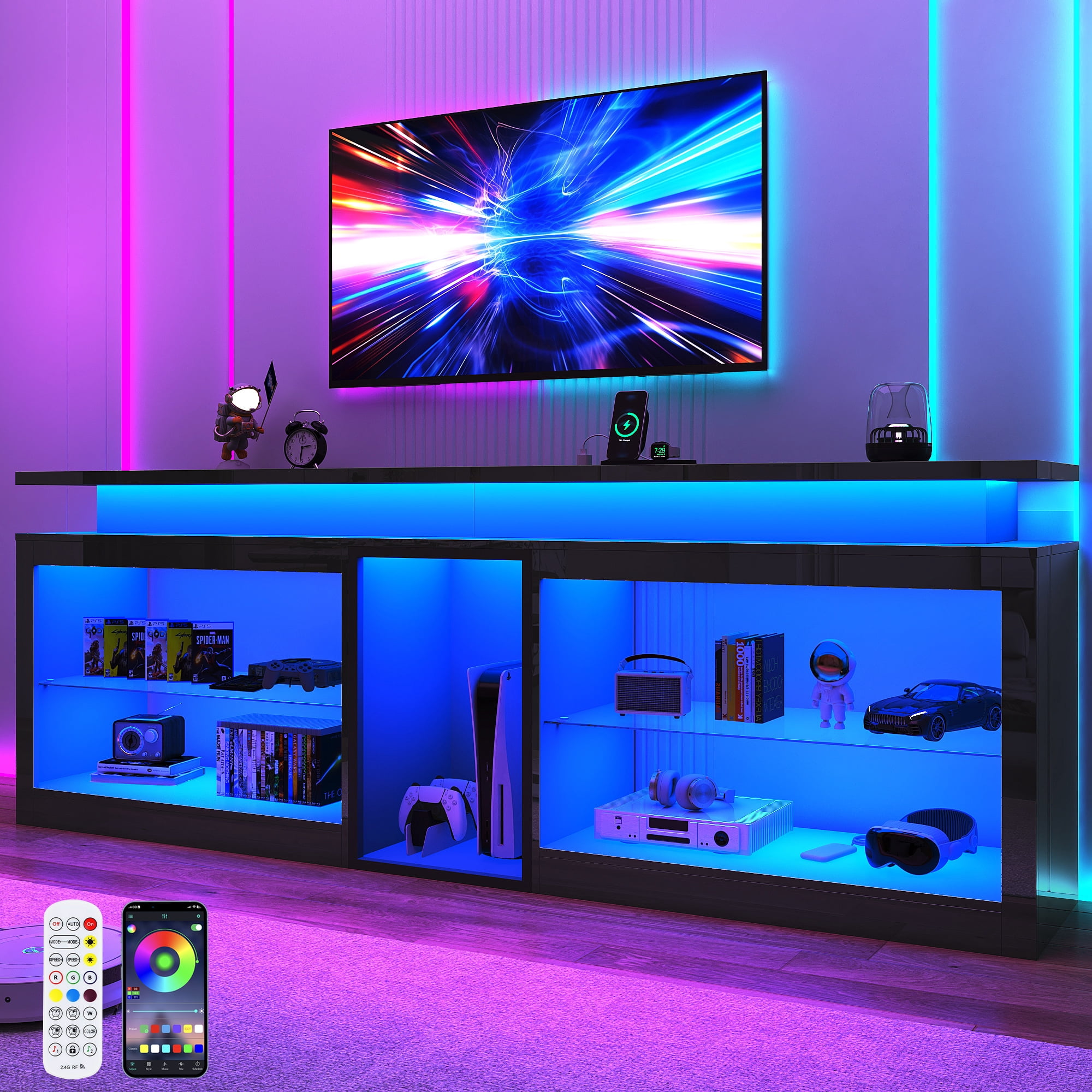 ChVans 80.7" Modern LED TV Stand for TVs up to 90" with LED Lights & Outlet, High Gloss Entertainment Center with Open Shelves Storage, Media Console TV Stands for Living Room, Game room, Bedroom