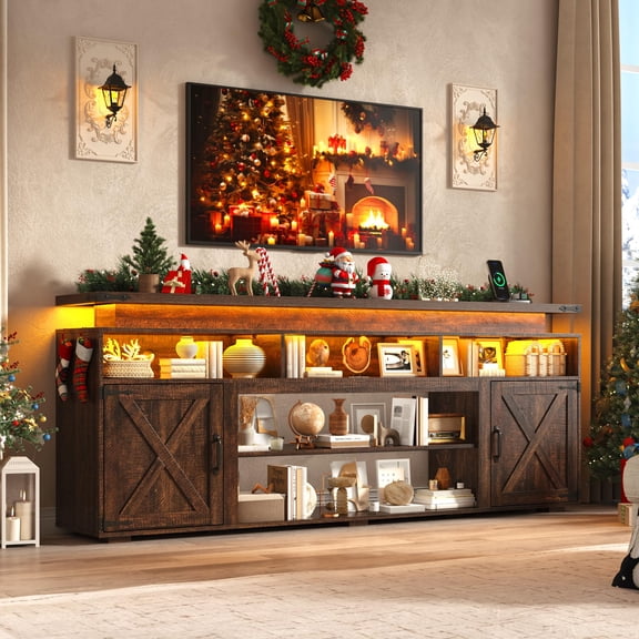 ChVans 80" Farmhouse TV Stand for TVs up to 95" with LED Lights, 32" Tall Entertainment Center with Power Outlet & Sliding Barn Door, Farmhouse Media Console for Living Room, Brown