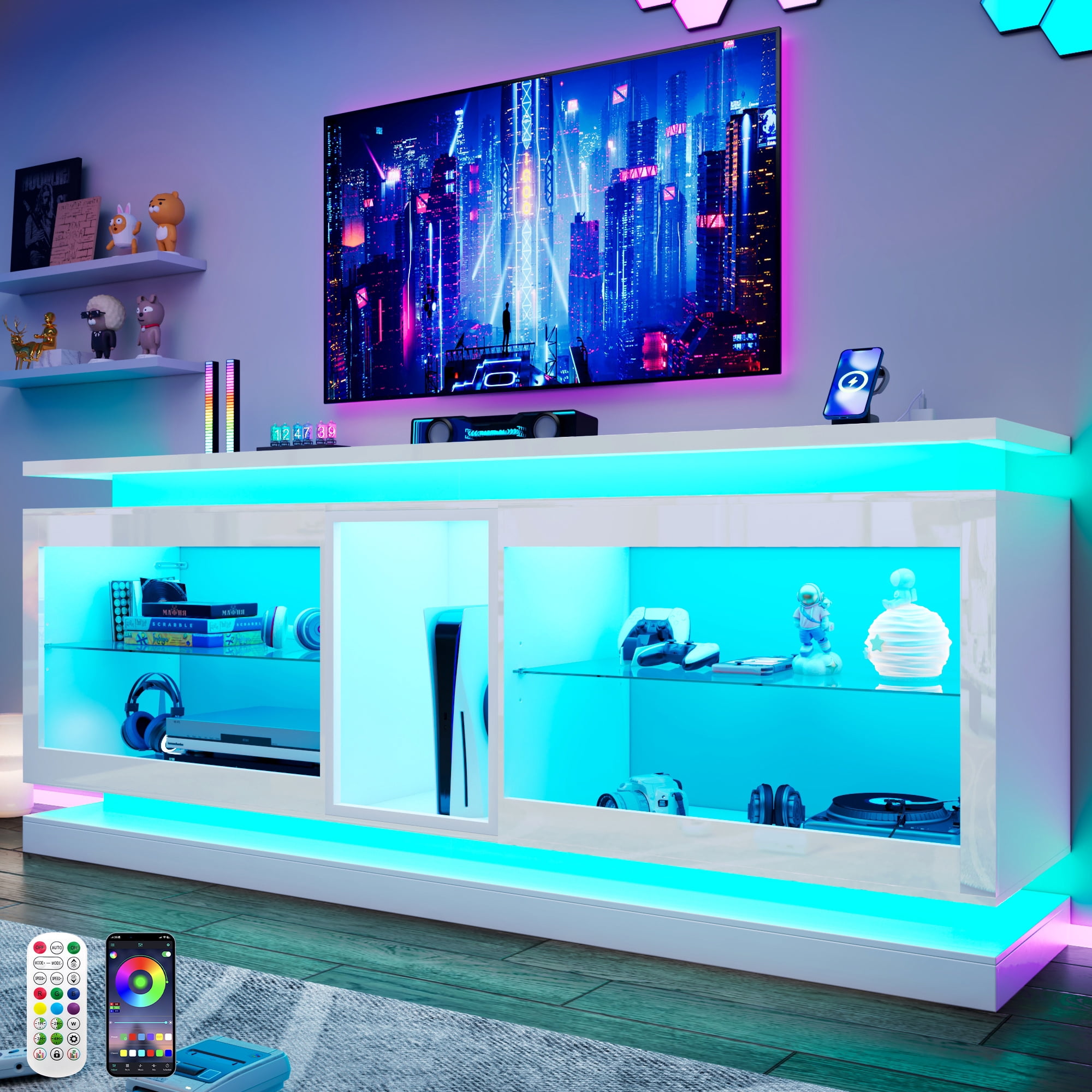 ChVans 80 Inch LED TV Stand with Charging Station,Modern Entertainment Center High Gloss Large TV Stand with Adjustable Shelves,Gaming TV Console for 80/85/90 Inch TVs,White