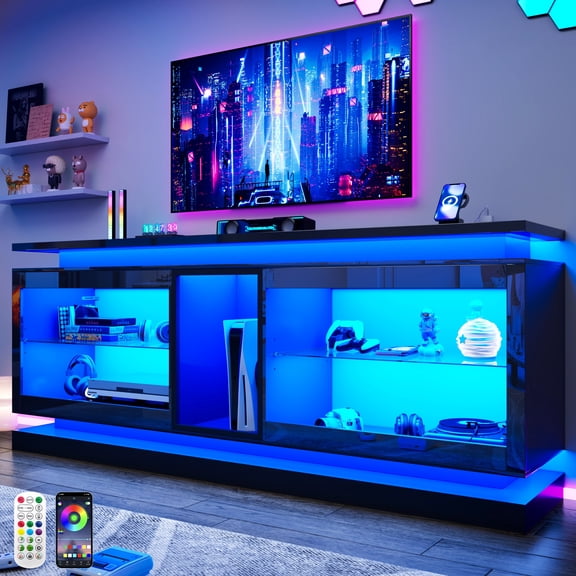ChVans 80 Inch LED TV Stand with Charging Station,Modern Entertainment Center High Gloss Large TV Stand with Adjustable Shelves,Gaming TV Console for 80/85/90 Inch TVs,Black