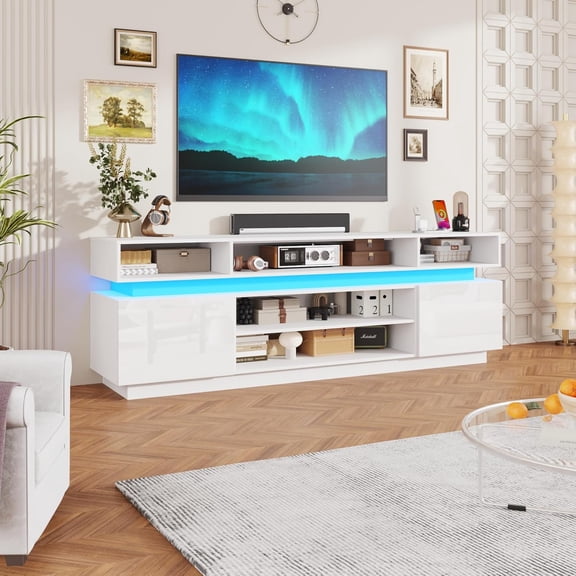 ChVans 82.7" LED TV Stand for up to 95" TVs with Power Outlet, Modern Tall Entertainment Center with Storage, High Gloss Gaming TV Media Console with 2 Storage Cabinets for Living Room, Bed Room