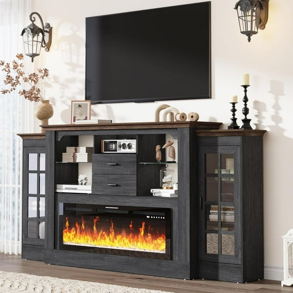 ChVans 85" Fireplace Mantel TV Stand with Heater & 42" Electric Fireplace, Fireplace TV Stand for 85/95" Wall Mounted TV w/Power Outlet, Storage Cabinet/Drawer, for Living Room, Bedroom,Gray