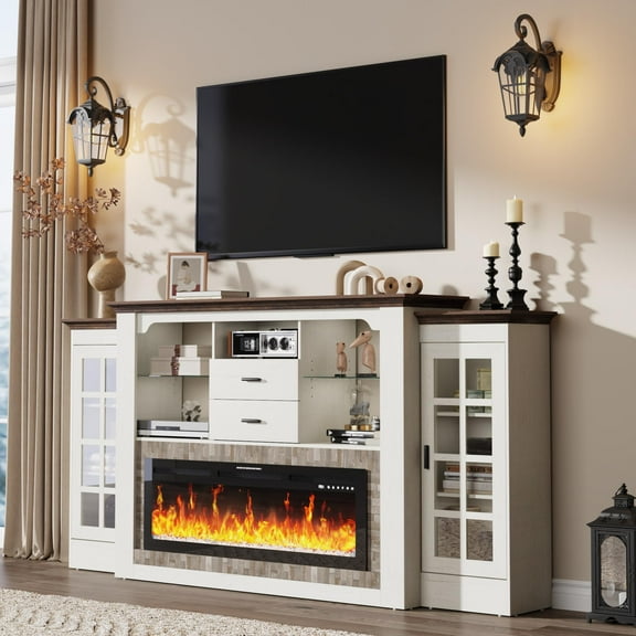 ChVans 85" Fireplace TV Stand with 42'' Electric Fireplace & Heater for 85/95 Wall-Mounted TV, White Fireplace Mantel with Power Outlet & 2 Storage Cabinet and Drawer for Living Room, Bedroom