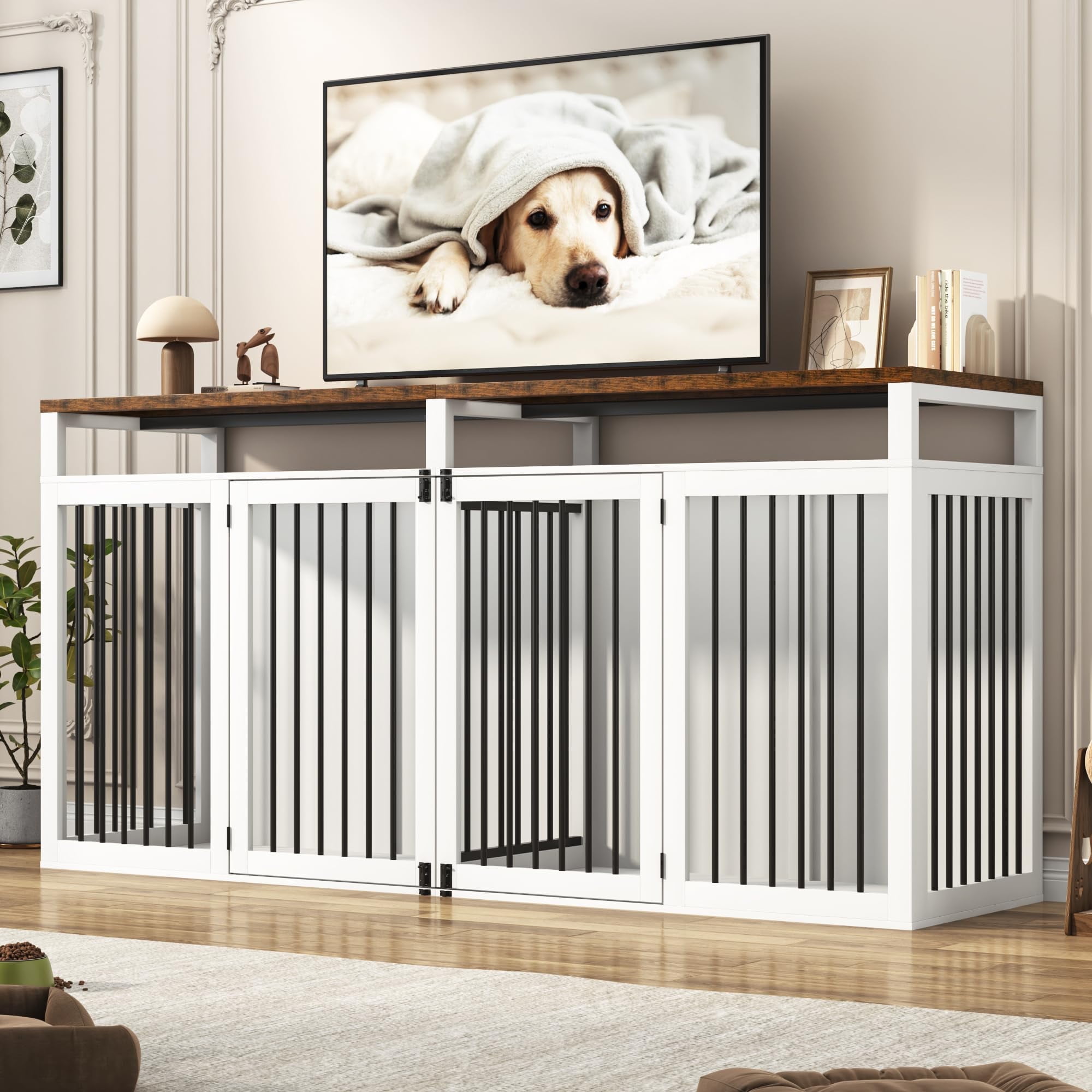 ChVans 87" Large Farmhouse Dog Crate TV Stand, Wooden Dog Crate Furniture with 4 Lockable Doors/Solid Metal Tube, XL-XXL Heavty Duty Dog Crates Furniture for 2 Medium or Large Dogs,White-Brown