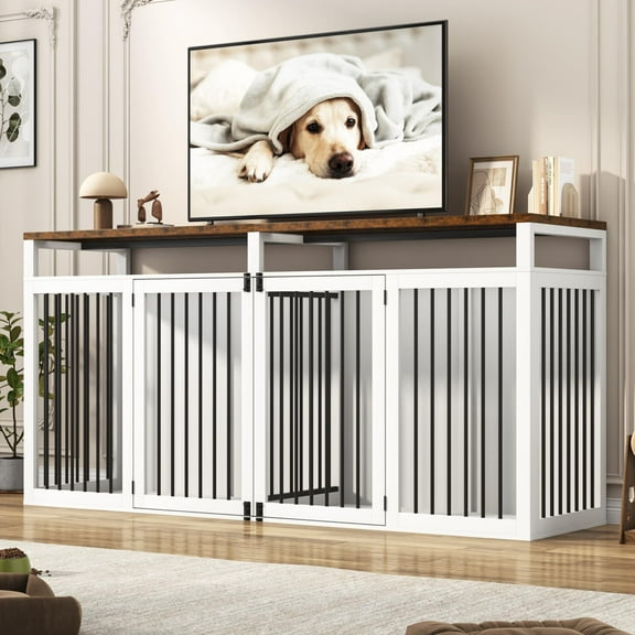 ChVans 87" Large Farmhouse Dog Crate TV Stand, Wooden Dog Crate Furniture with 4 Lockable Doors/Solid Metal Tube, XL-XXL Heavty Duty Dog Crates Furniture for 2 Medium or Large Dogs,White-Brown
