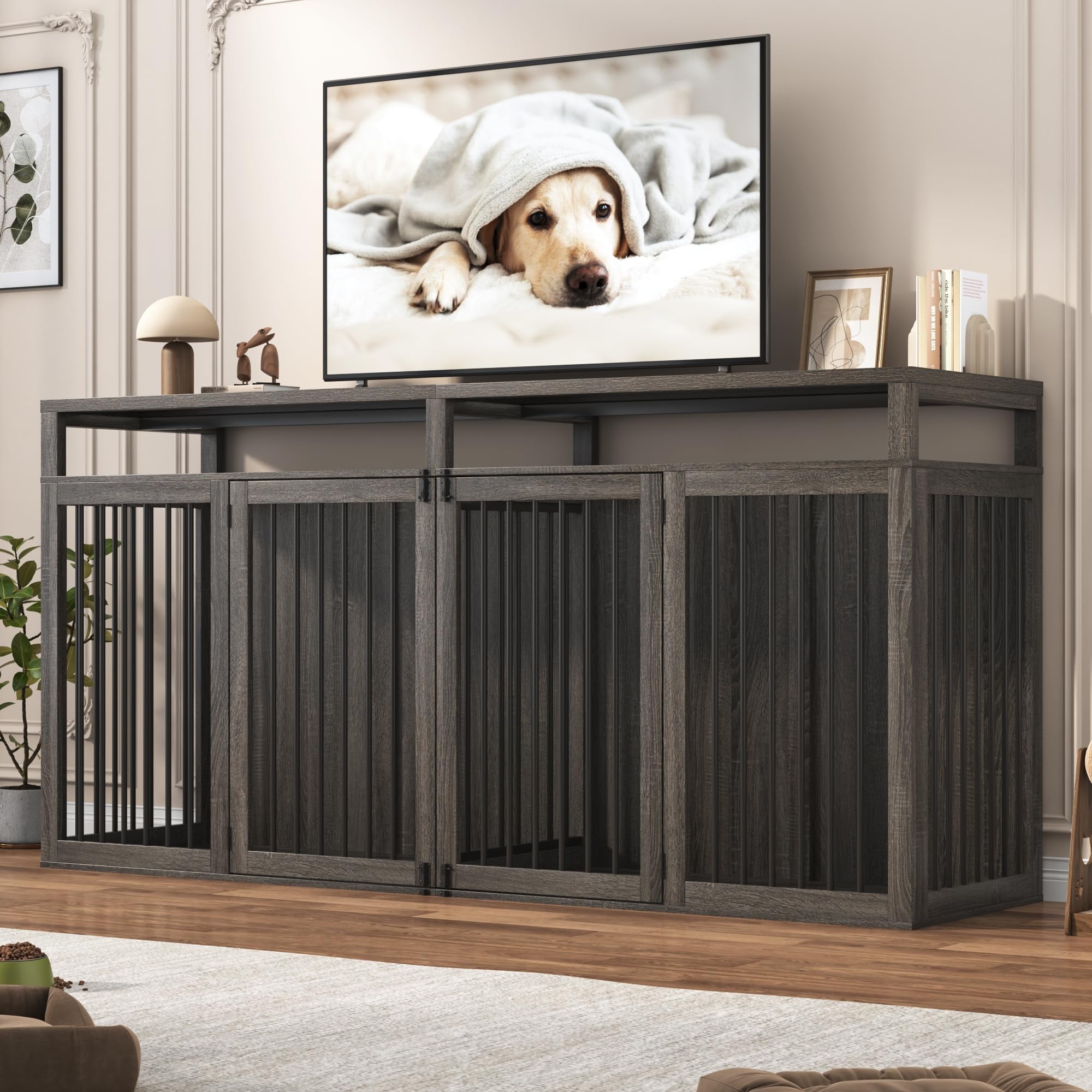 ChVans 87" Large Farmhouse Dog Crate TV Stand, Wooden Dog Crate Furniture with 4 Lockable Doors/Solid Metal Tube, XL-XXL Heavty Duty Dog Crates Furniture for 2 Medium or Large Dogs,Gray