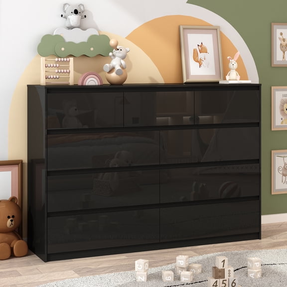ChVans 9 Drawer Dresser for Bedroom, 59" Wide Modern High Gloss Black Dresser with Wood Chest of Drawer Handle Free, 40.9" Tall Black Malm Dresser for Bedroom, Living Room, Entryway, Hallway