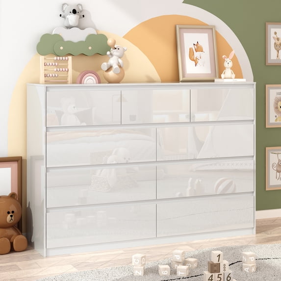 ChVans 9 Drawer Dresser for Bedroom, 59" Wide Modern High Gloss White Dresser with Wood Chest of Drawer Handle Free, 40.9" Tall White Malm Dresser for Bedroom, Living Room, Entryway, Hallway