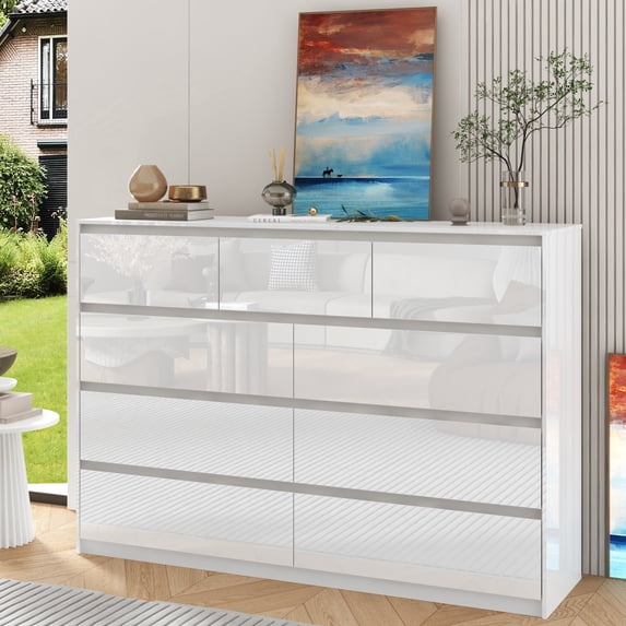ChVans 9 Drawer Dresser for Bedroom, 59" Wide 41" Tall Modern High Gloss Dresser with Wood Chest of 9 Drawer Handle Free, Large White Malm Dresser for Bedroom, Living Room, Entryway, Hallway